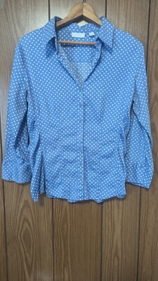 New York Co Women Top Large Blue White Polka Dot Button Front Shirt Stretch