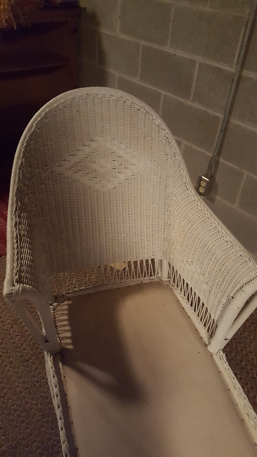 Antique Fiber Wicker Chaise Lounge Closely Woven Design Painted White Circa 1920