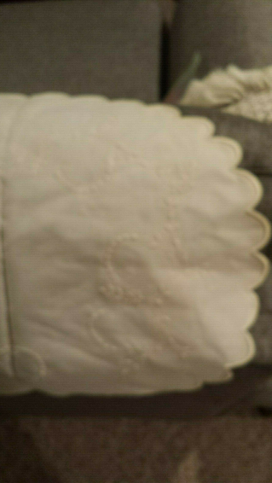 Round Crewel table runner vintage off white cloth