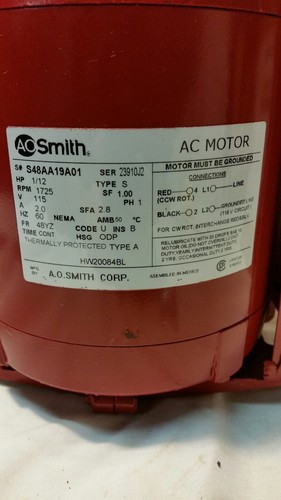Century AO Smith HW20084BL Water Circulator Motor, 1/12 HP, 1725 RPM, 115V, 48YZ