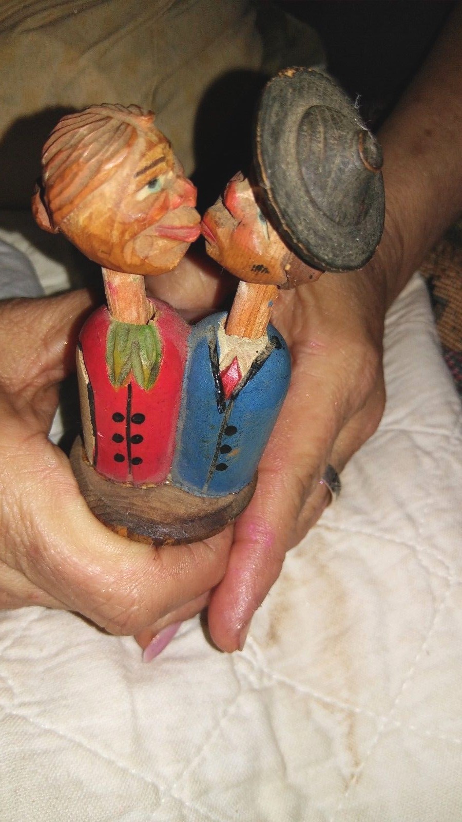 Vintage hand carved and painted man and woman kissing cork wine stopper