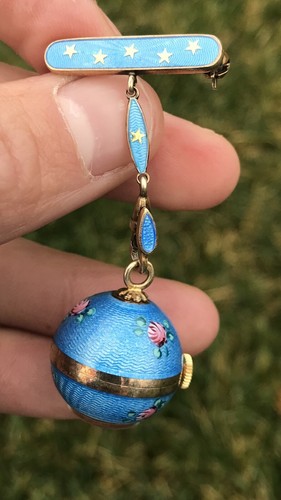 Bucherer Pendant Ball Watch Guilloche Enameled Flowers Lapel 925 Sterling Silver