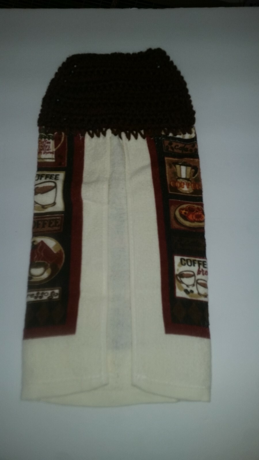 NEW HANDMADE CROCHETED TOP KITCHEN  DISH TOWEL BROWN TOP W/COFFEE DECOR TOWEL