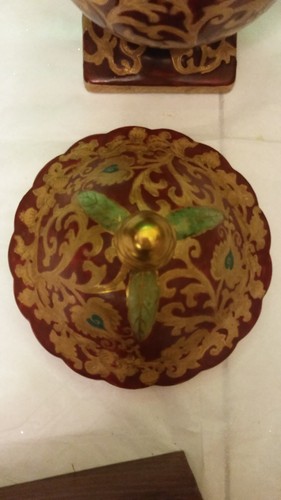 Large Lidded Pedestal Bowl Rustic Red with Leaf Vine Design