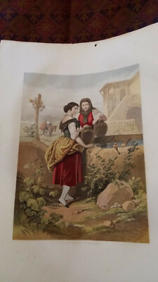 La Rencontre A La Fontaine - Lithographie - XIXeme Siècle