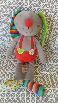 Doudou peluche lapin gris rouge vert salopette Ebulobo 35 cm 
