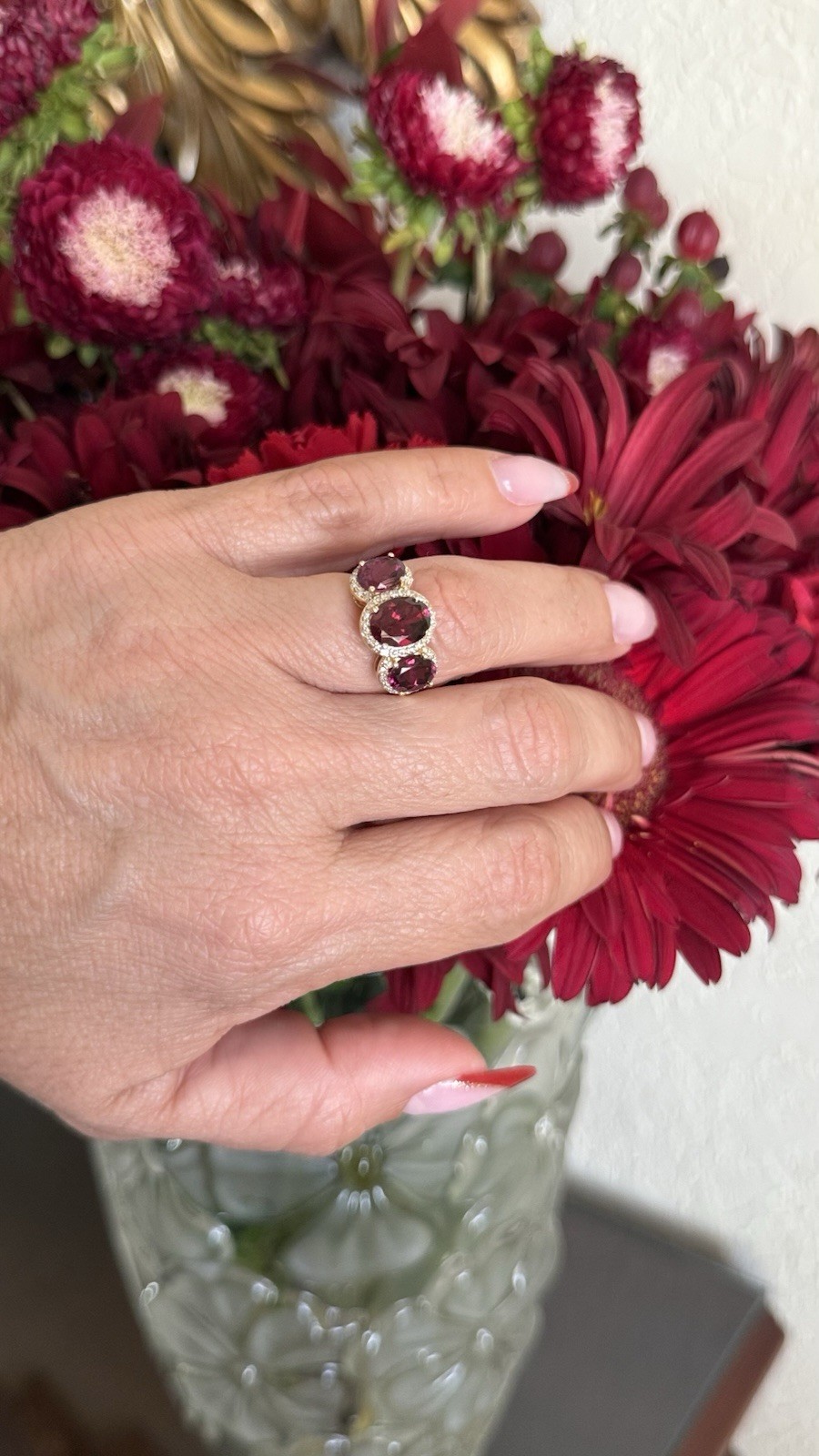 10K Yellow Gold Genuine Rhodolite Garnet & Diamond Three Stone Ring, Sz 6.5, New - Picture 11 of 11