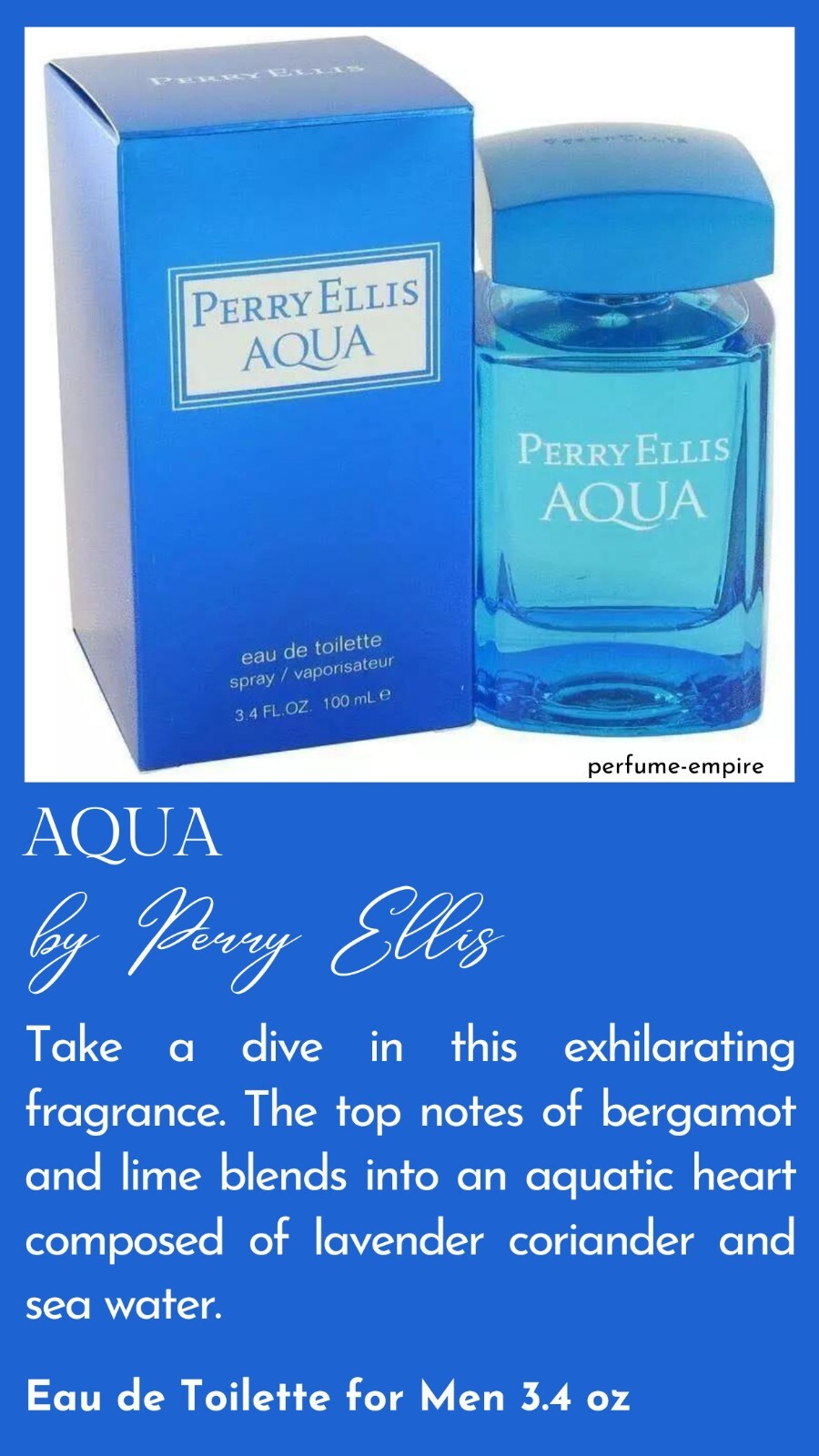 Perry Ellis AQUA Spray for Men 3.4 oz 3.3 EDT NEW IN BOX