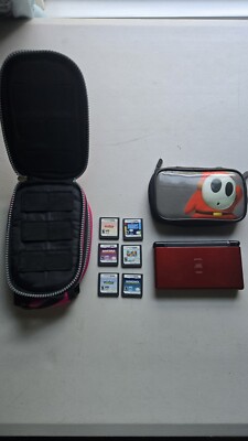 NINTENDO DS LOT CONSOLE AND 6 GAMES, PLUS 2 CASES