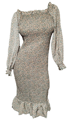 M- Sarin Mathews Gorgeous Green Tan Peach Floral Puff Long Sleeve Bodycon Dress