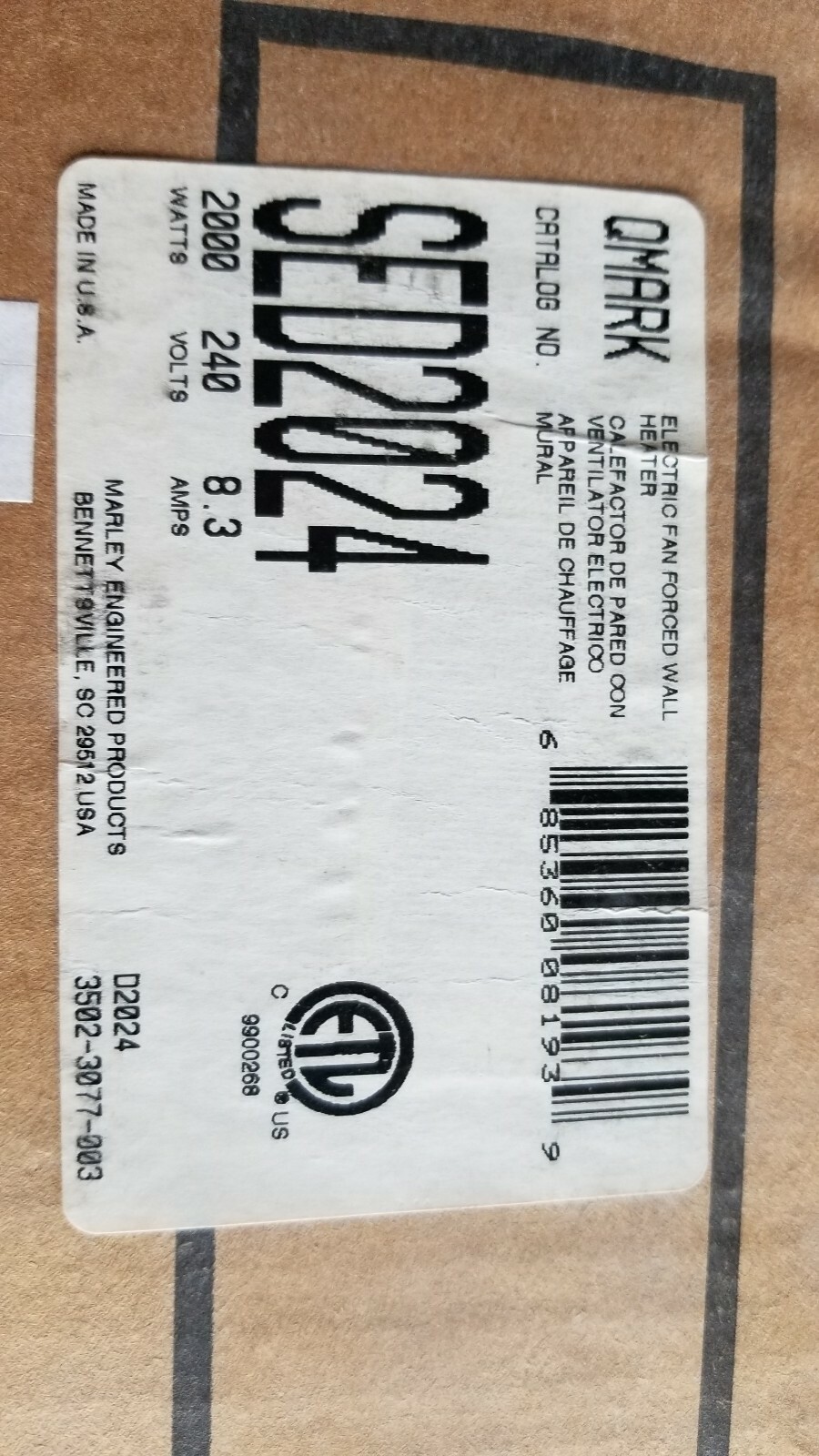 Qmark #SED2024 Brand New (wall/flush mount) Electric Unit Heater 2KW 4 available