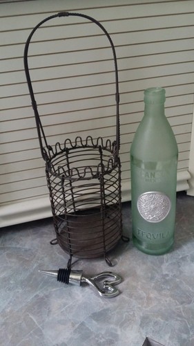 Home Decor Set Bar Wire Basket w/Green Frosted Cancun Mexico Tequila Bottle