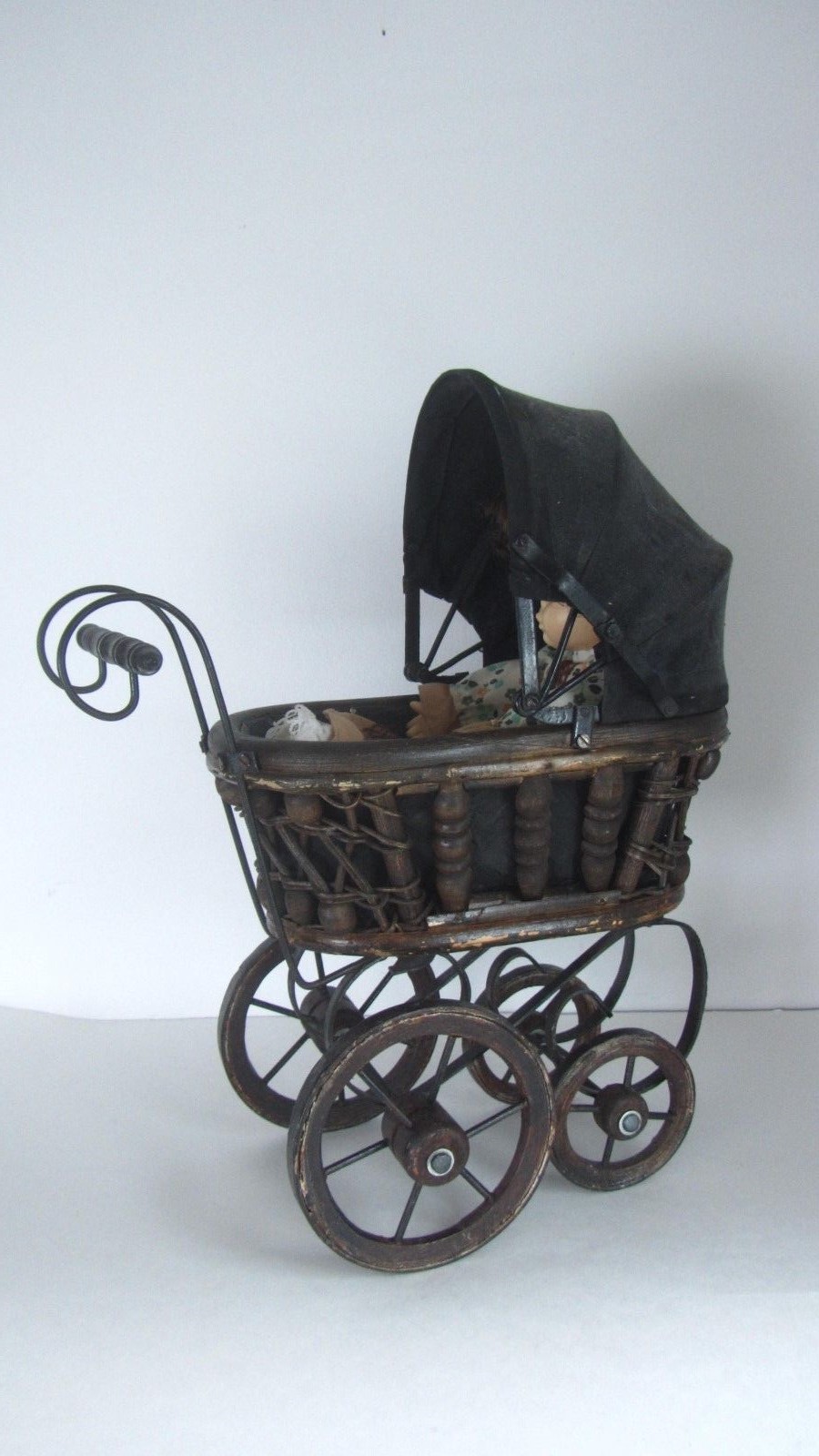 VINTAGE DOLL BUGGY,PRAM, CARRIAGE MADE OF WOOD,WICKER AND WROUGHT IRON