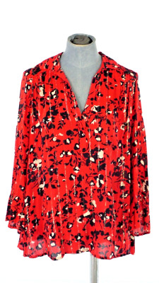 BASH Womens Shirt Red Eddy Floral Print Blouse Shiny Stripe Casual Size XS