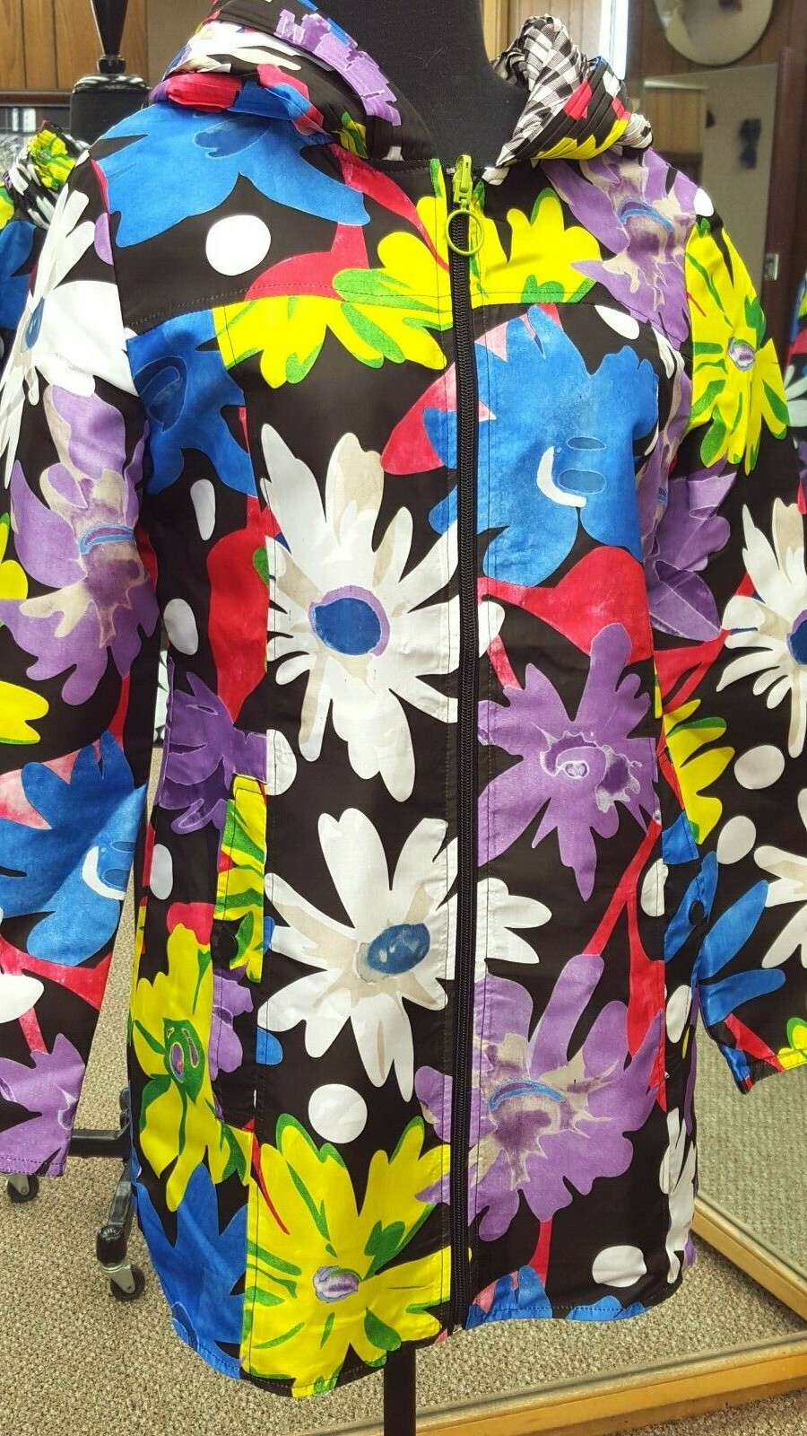 Pre-owned Ubu Reversible 32" Zip Front Raincoat - Vivacious Floral To Gingham Plaid In Multicolor