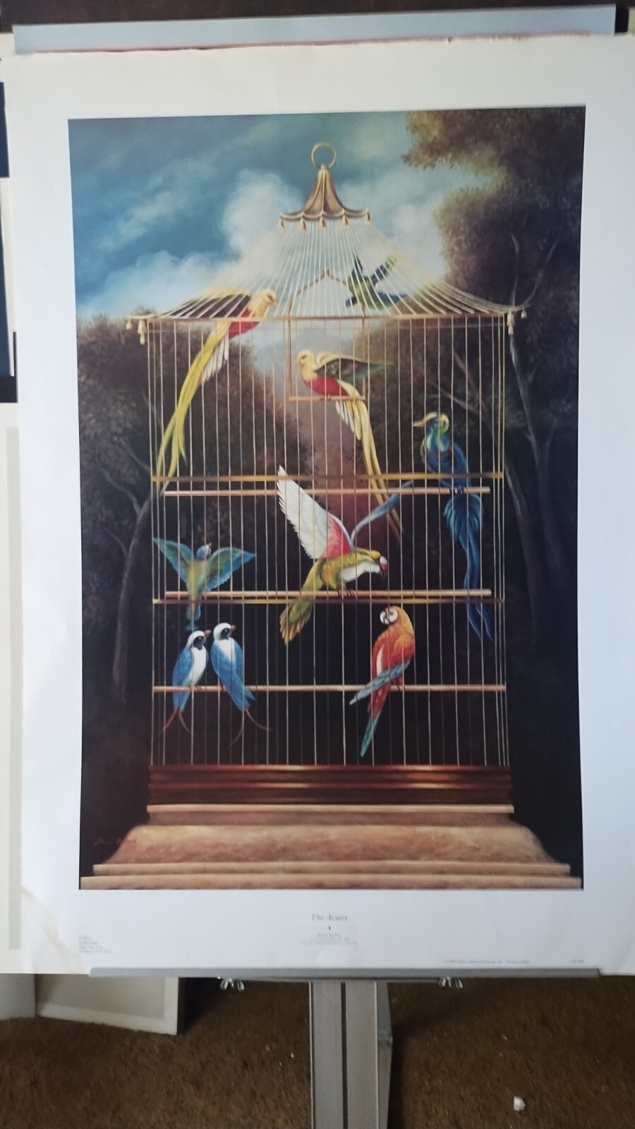 The Aviary by David Rollins LARGE BIRDCAGE BIRDS LITHOGRAPH