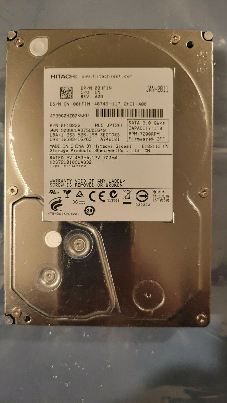 Hitachi HDS721010CLA332 MLC JPT3FF PN 0F10839 FW 3FF 1TB 3.5