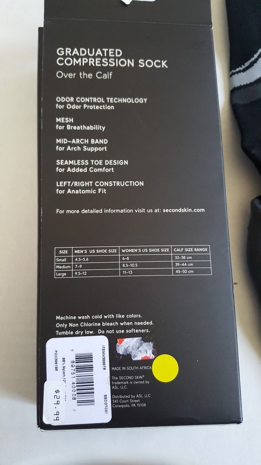 Second Skin Over-the-Calf Performance Compression Socks Black Small New