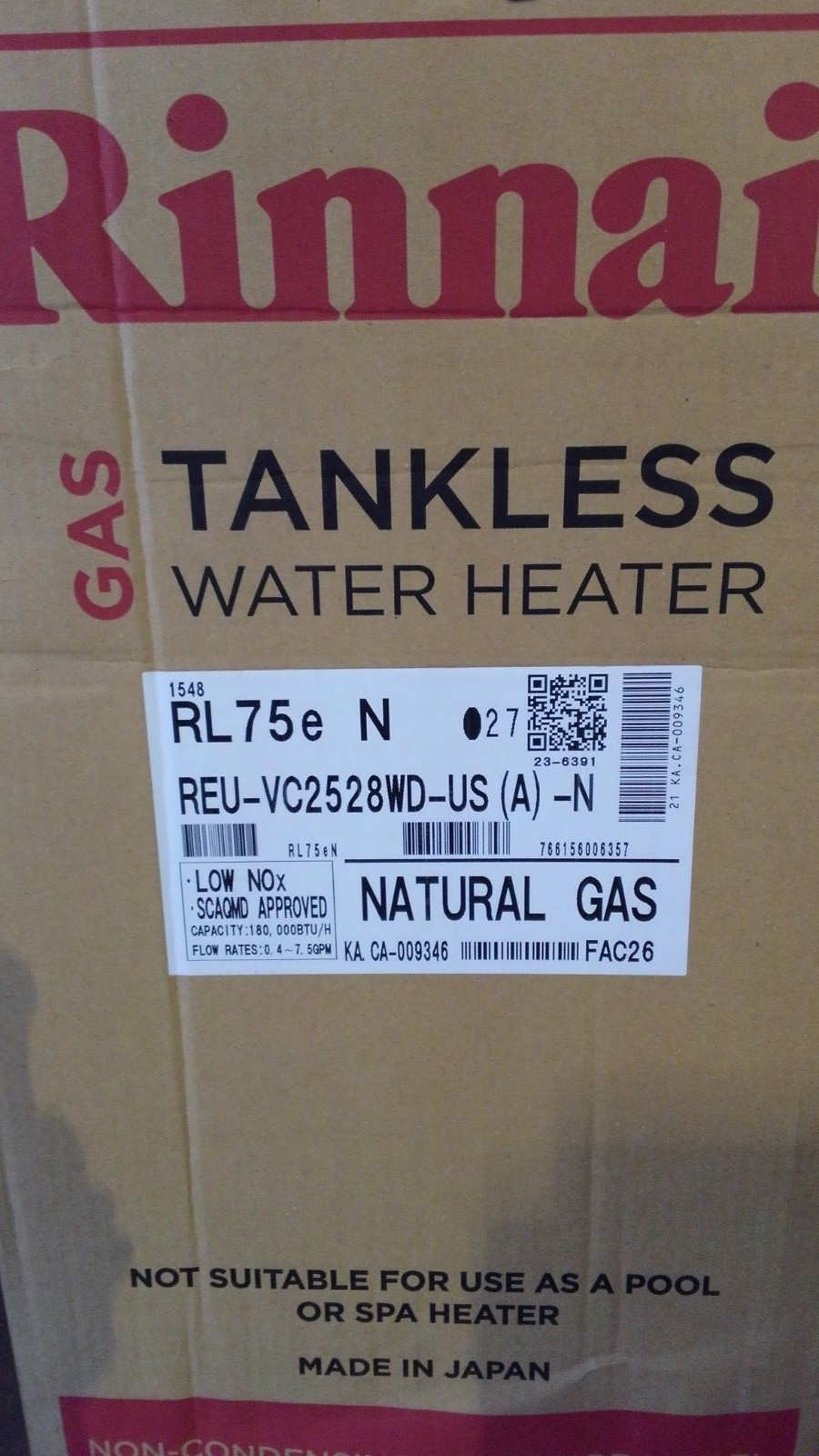 New Rinnai RL75eN External Tankless Water Heater Natural Gas