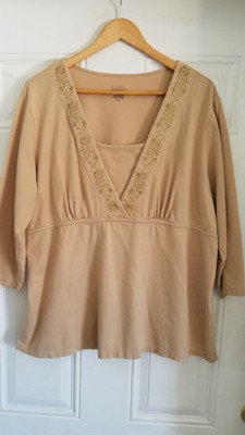 Women's Classic Elements 100% Cotton Breathable Tan Embroidered Knit Top 20-22W