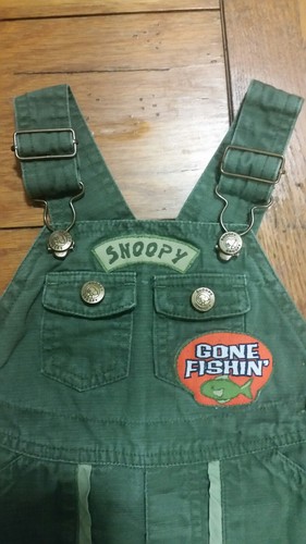 Snoopy Peanuts Character green bib overalls size 12mo.