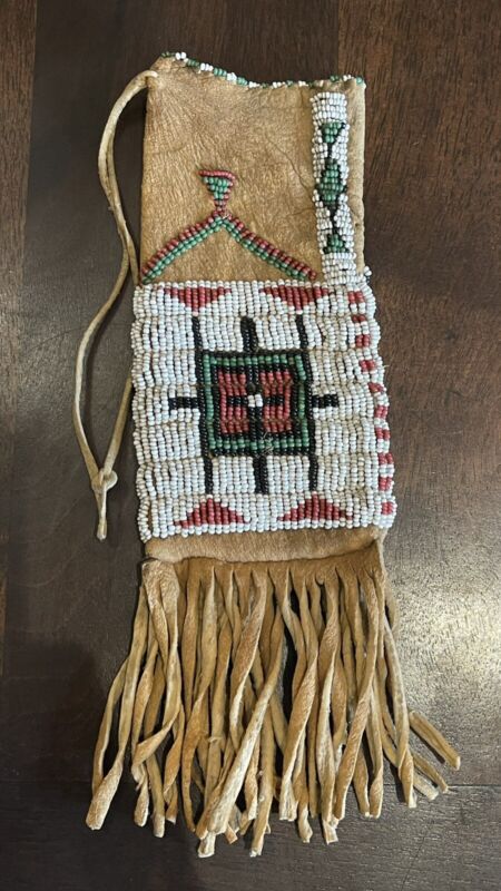 Comanche Or Cheyenne Two Sided Fringed Tobacco Bag Beaded Elk Hide Circa 1880’s