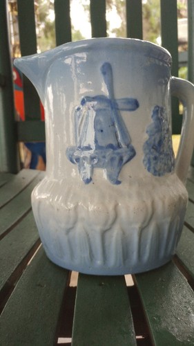 Antique. Hull blue white stoneware salt glaze crock pitcher windmill Nice