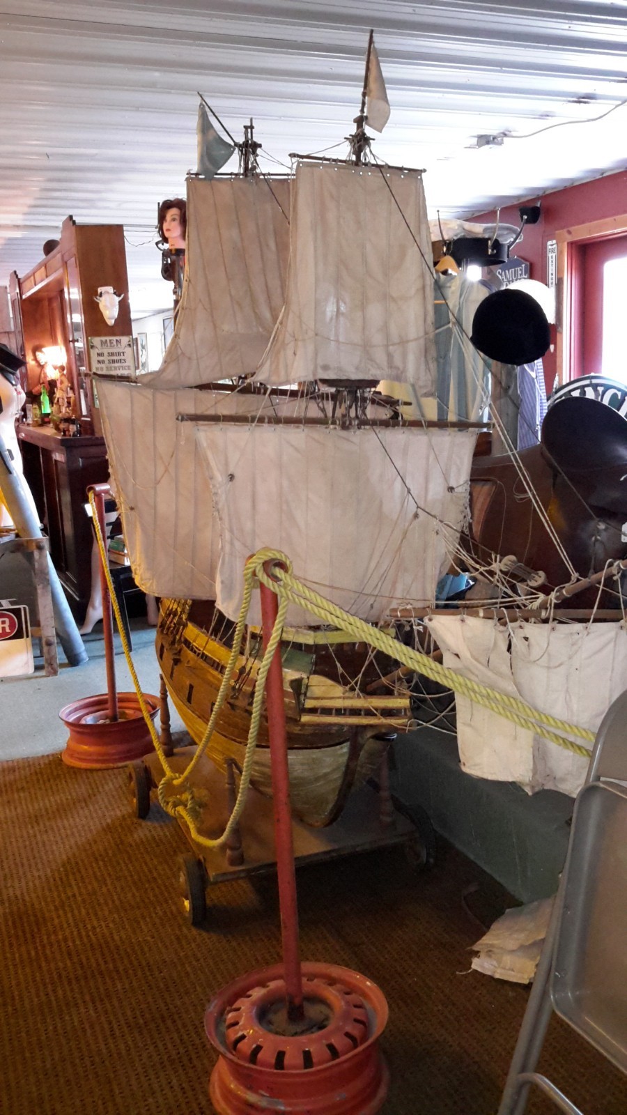 Large Handmade Wooden Model Ship from 1920s