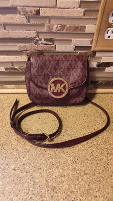 MICHAEL KORS Fulton MK Signature Burgundy Flap Crossbody Bag Purse All Over 