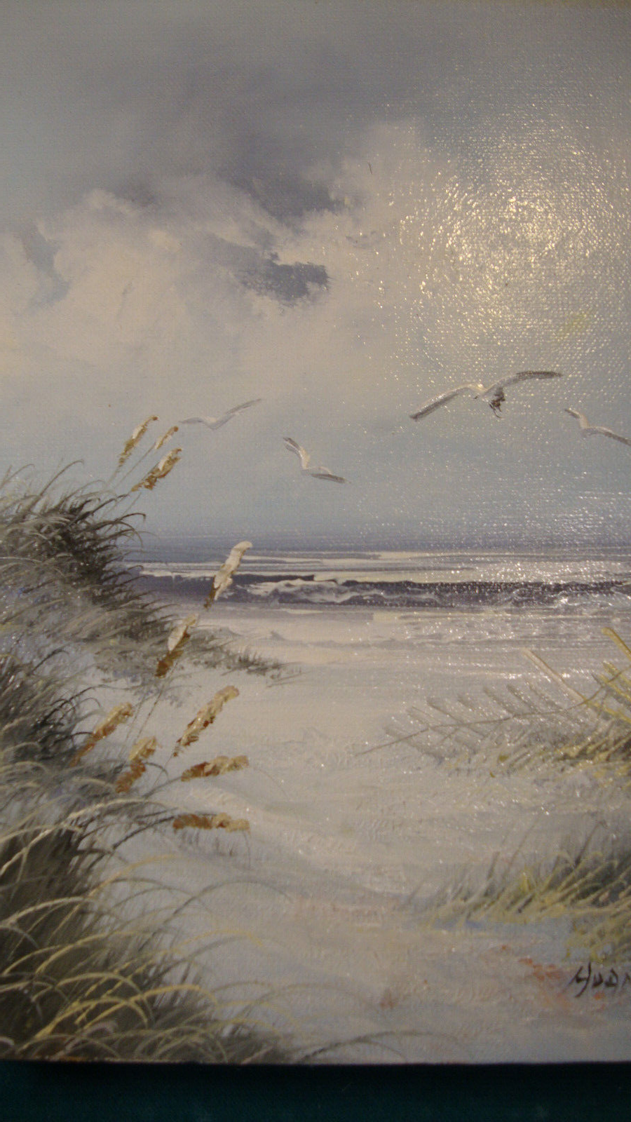 Oil Painting Artist Signed name? Beach Ocean birds Seagulls