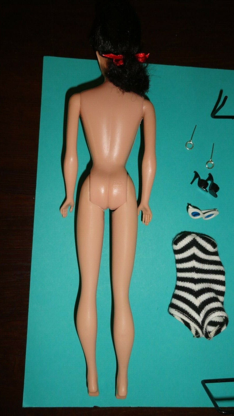 Vintage Barbie Ponytail #5 Raven Black Stand SS Shades Shoes Hoop Earrings Box