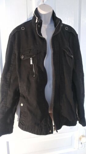Military Jacket Med Black Zip Up Pockets Lined Moto Cotton
