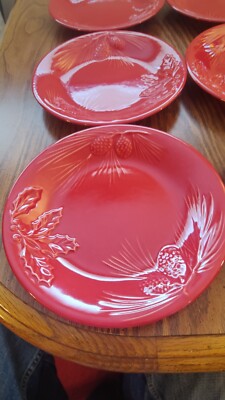 Rustic Berry Salad Plates (6)Embossed Pinecones & Holly. Pristine Condition 