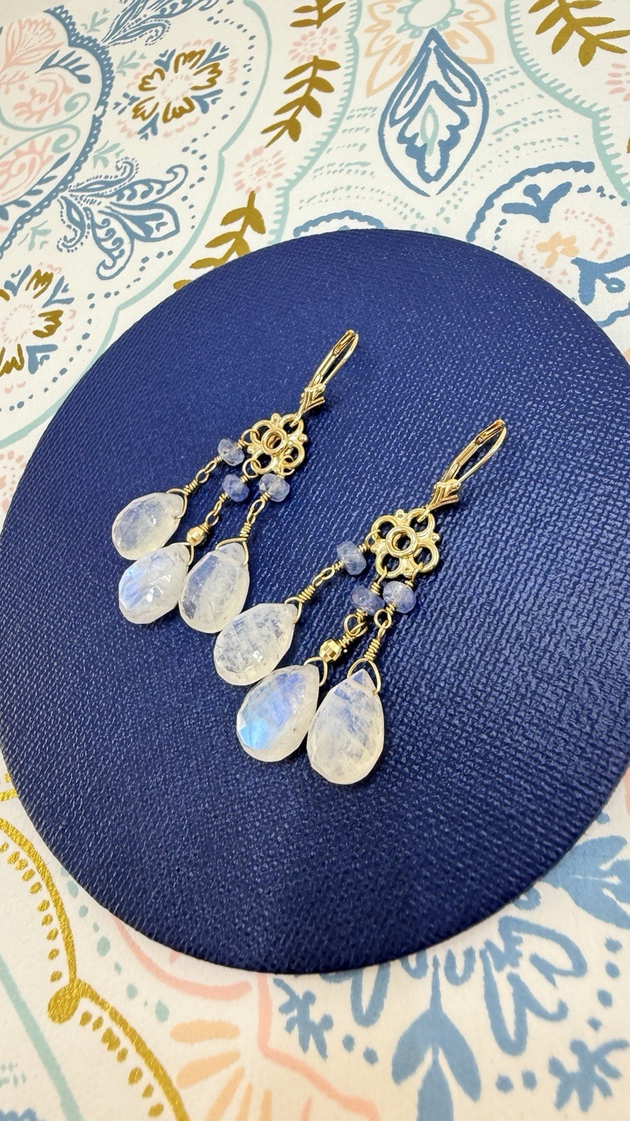 14k Yellow Gold Genuine Rainbow Moonstone and Sapphire Chandelier Earrings, - Picture 10 of 11