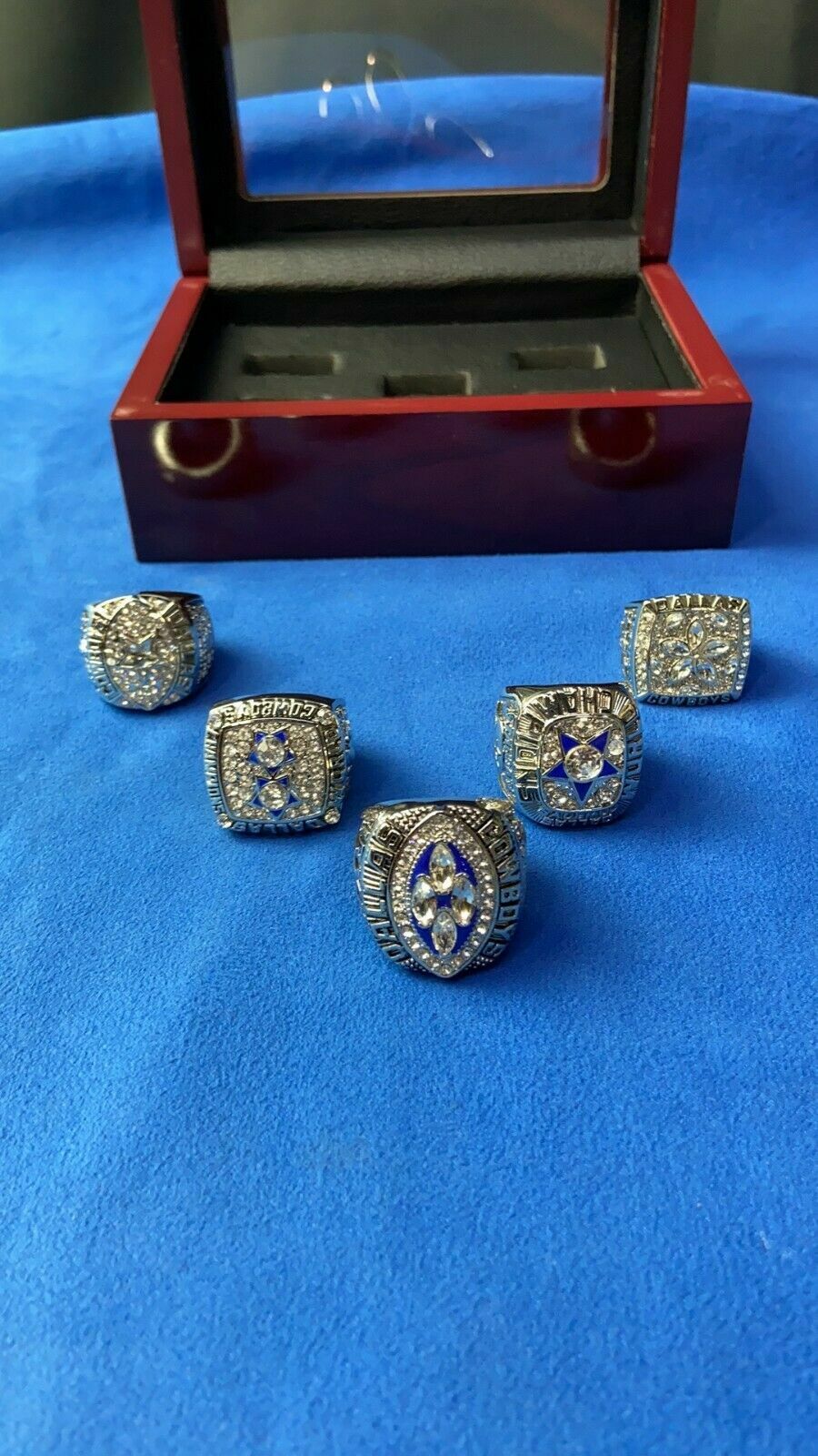 Dallas Cowboys Set of 5 Silver Color Super Bowl Rings With Wooden Display Box