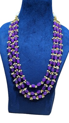 Three Layers Gemstone Beads Necklace/Handmade Indian Necklace/Wedding Mala Gifts