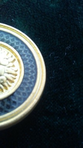 Pre owned metal mythology face gold tone with enamel clothes button.