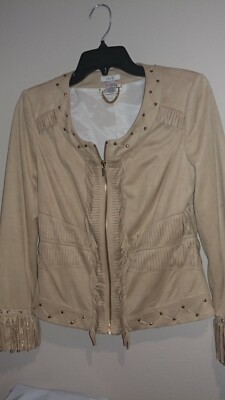 GORGEOUS ! CACHE Women's Tan Beige Gold Chain Tassel Fringe Soft Zip Jacket S