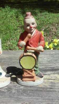 2 vintage clown ceramic bisque one with french horn one with drums