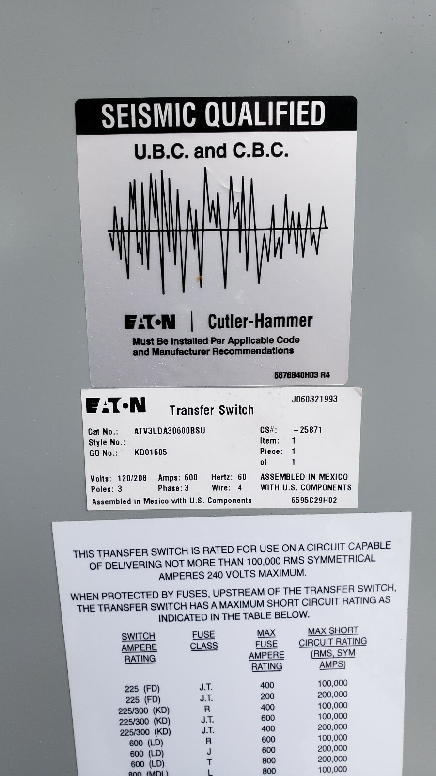 Cutler-Hammer Transfer Switch Eaton ATC-300 600A