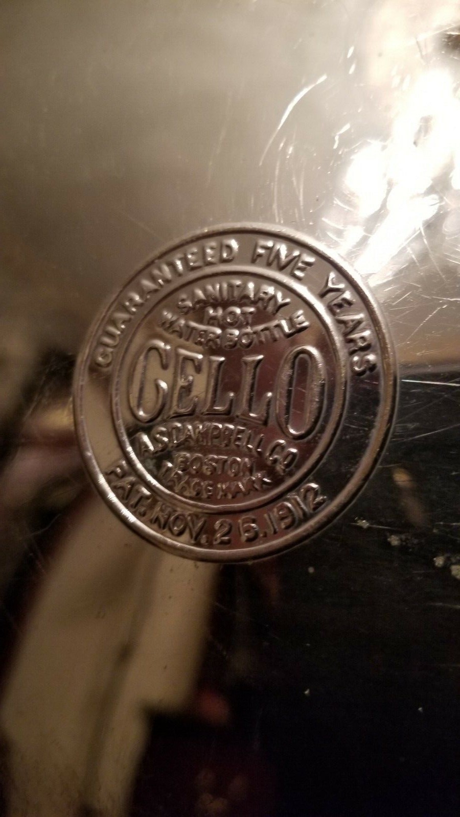 ANTIQUE 1912 CELLO METAL HOT WATER BOTTLE (w/STOPPER)  A.S. CAMPBELL CO. Boston!