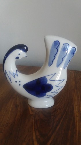 Blue & White Porcelain Chicken Figurine Hand Painted In USSR.