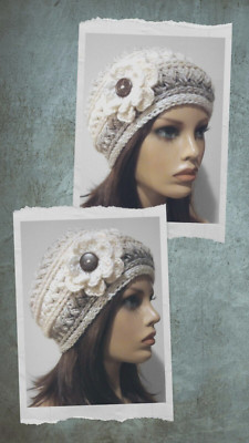 crochet handmade womans flower hat beanie toasted marshmallow puffs USA new