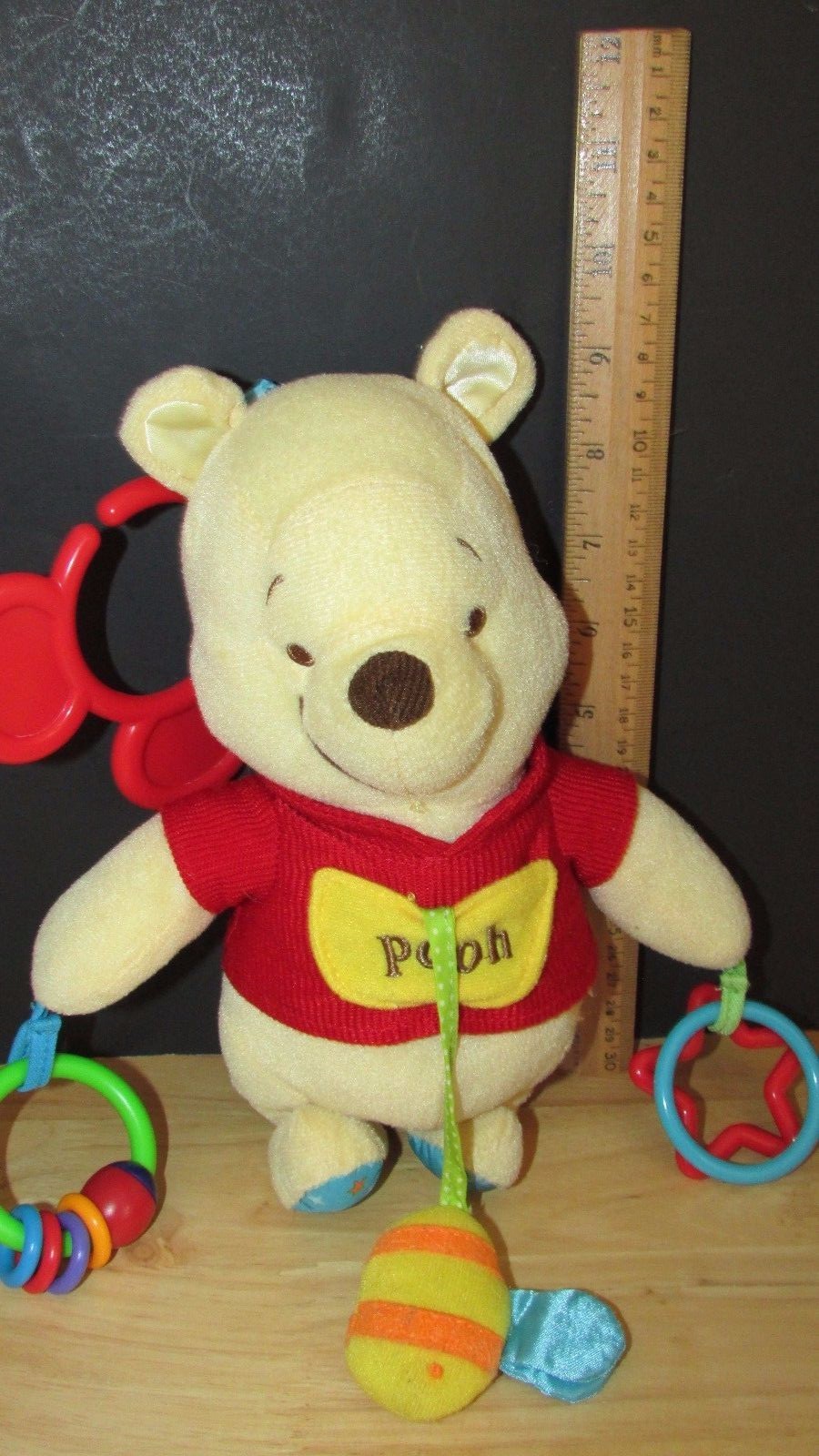 Disney Winnie the Pooh plush chime rattle hanging crib stroller toy ring clip