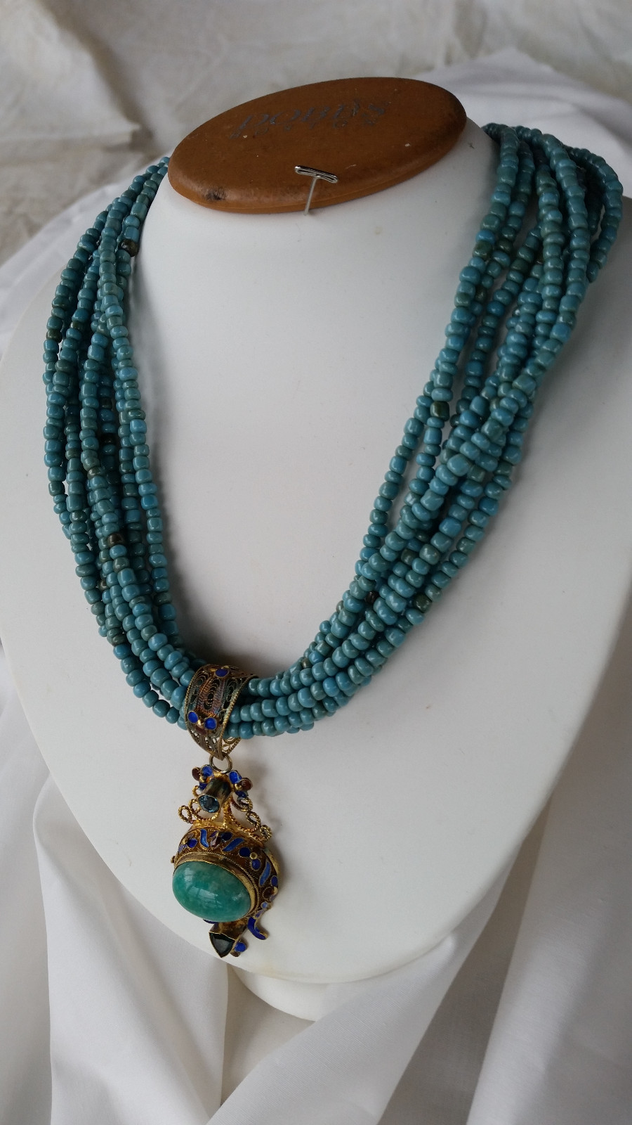 GOLD MONGOLIAN FILIGREE ENAMEL BLUE TOPAZ EMERALD AMAZONITE PENDANT NECKLACE