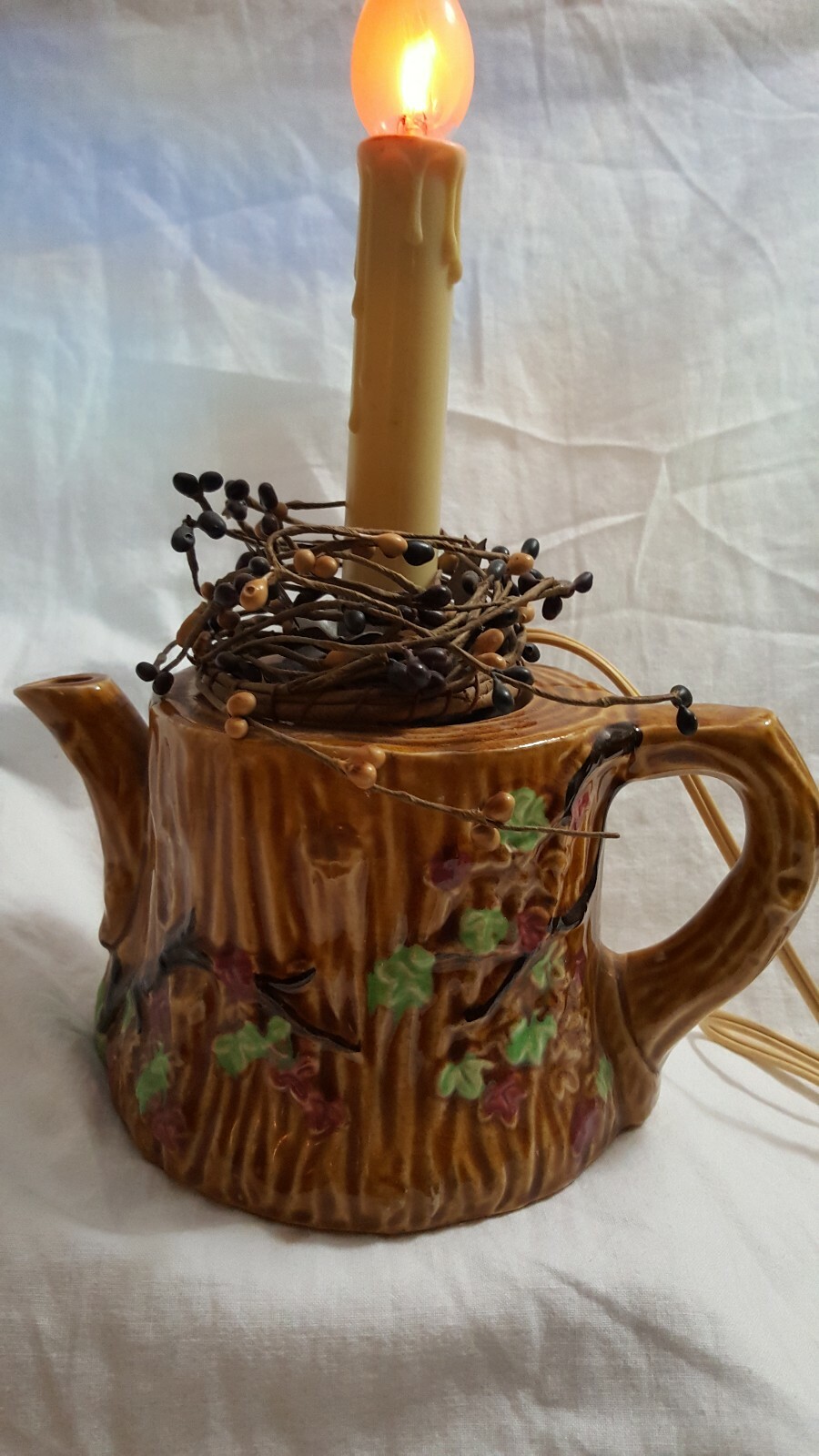 Electric Window Drip Candle Lamp Brown Floral Mug Cup Candle Holder Vtg Japan