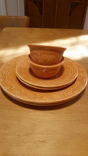 Homer Laughlin Vintage Floral Embossed Pumpkin Oven Serve Set 13 Pieces