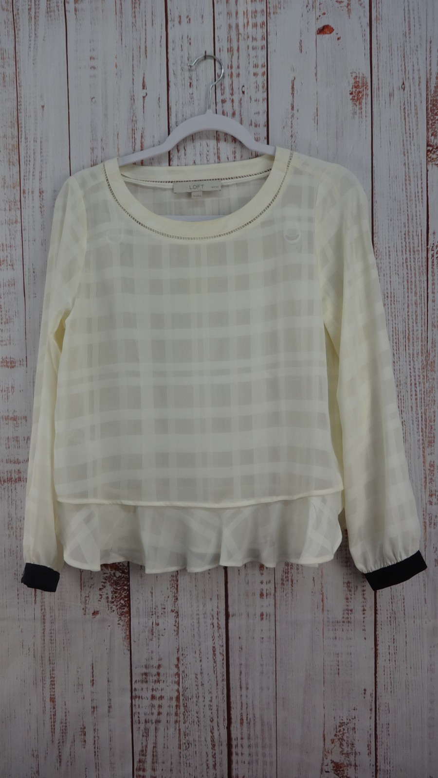 Loft Blouse  Womens Size Small Petite Ivory Long Sleeve Sheer Crew Neck