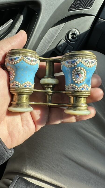 Antique French Lemaire Lady Opera Glasses Blue Enamel Mother of Pearl