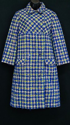 Vintage 1960s Vogue Paris green blue plaid wool pea coat jacket mod long S